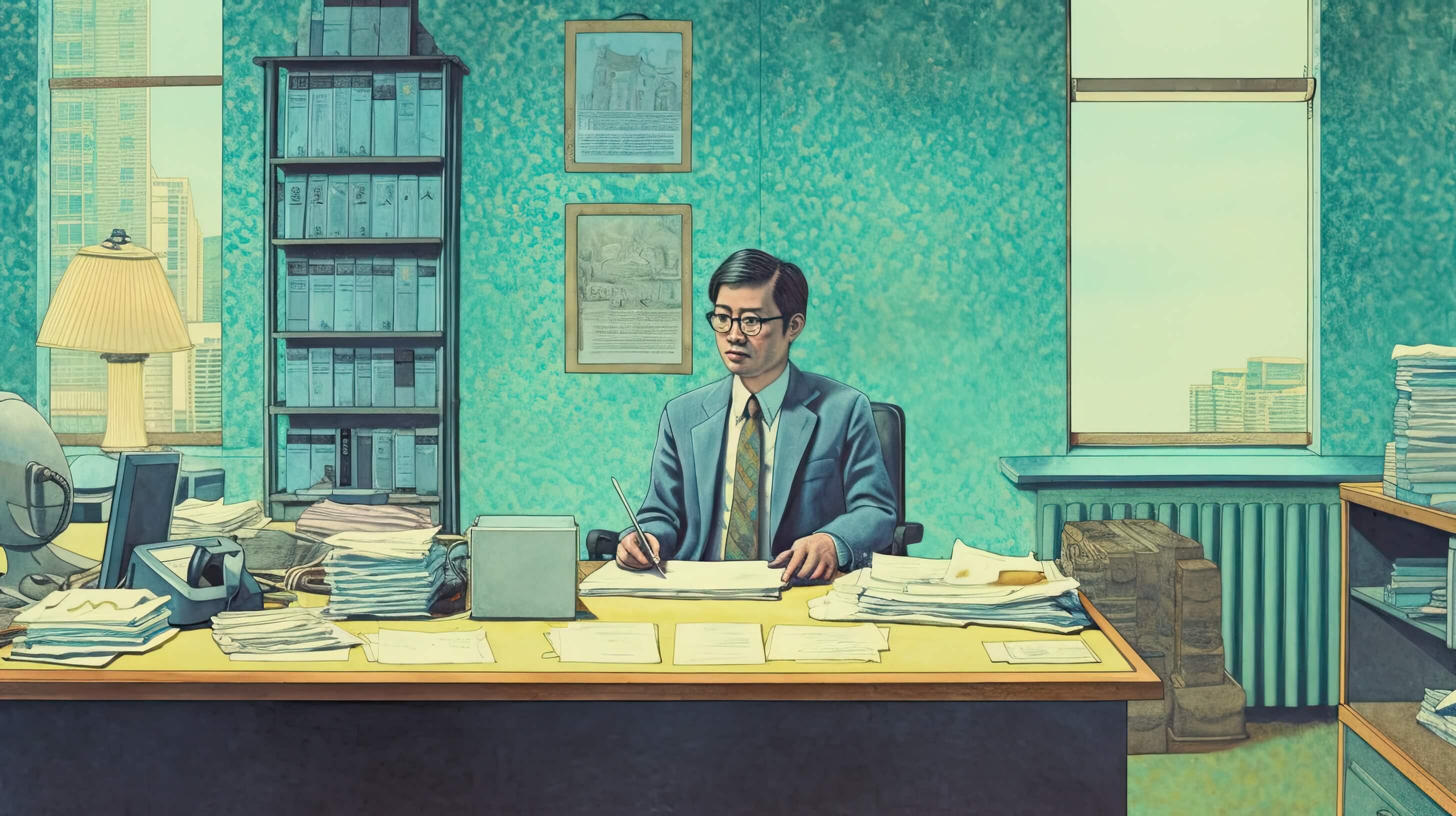 Image of salary man sitting at desk - image by Nick.