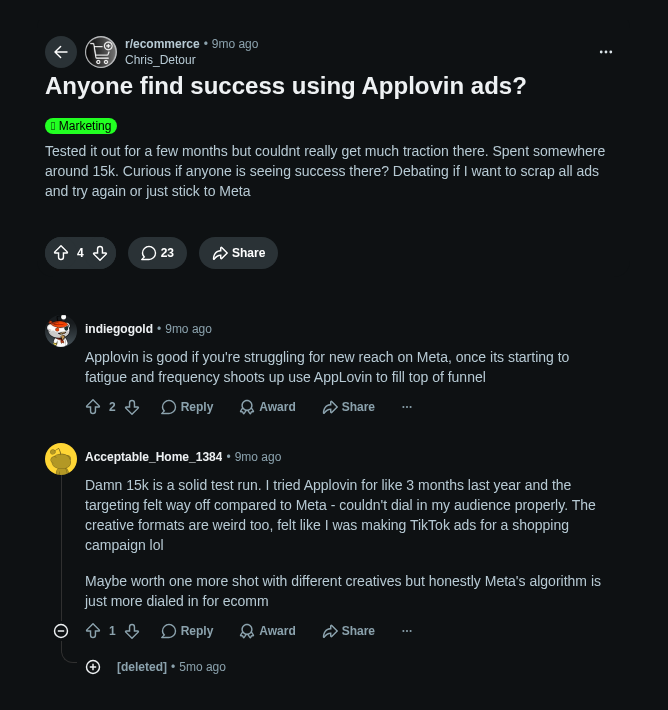Reddit thread on r/ecommerce titled ‘Anyone find success using Applovin ads?’ – a merchant who spent around $15,000 over a few months reports little traction. Two replies: use AppLovin only to top up Meta reach once frequency climbs, and targeting felt off compared to Meta.