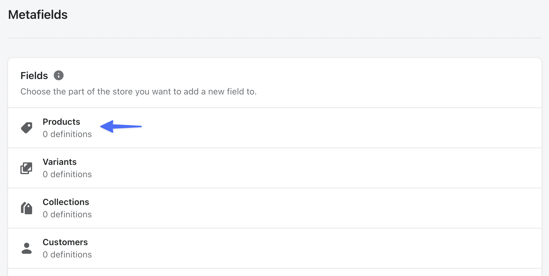 Shopify metafields menu