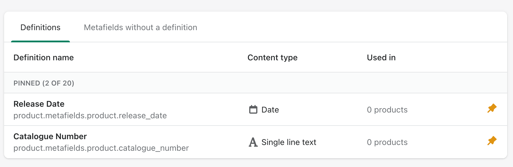 Saved Shopify metafield definitions names