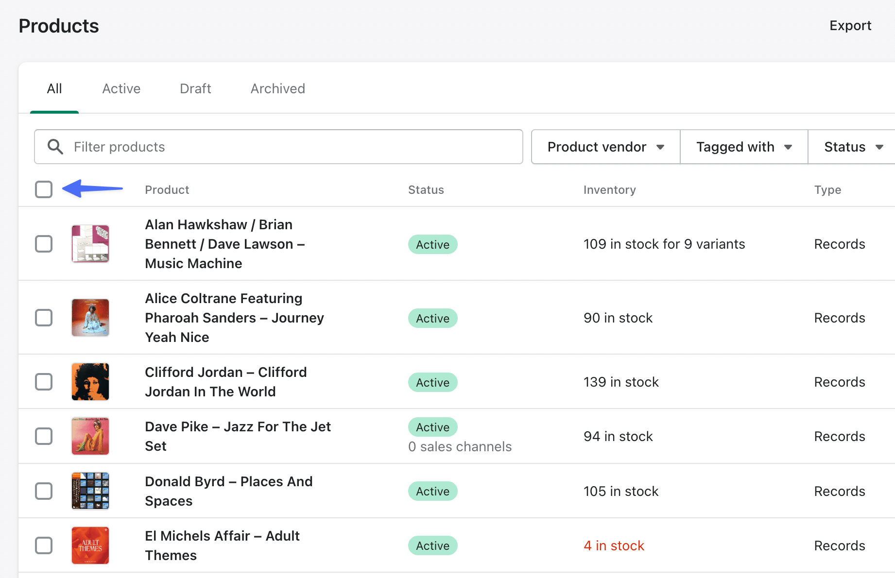 Shopify products page select all checkbox