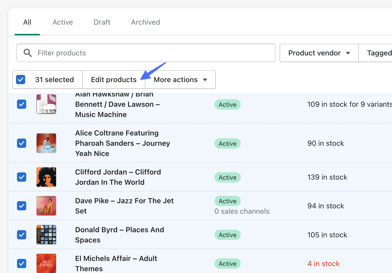 Shopify edit products button