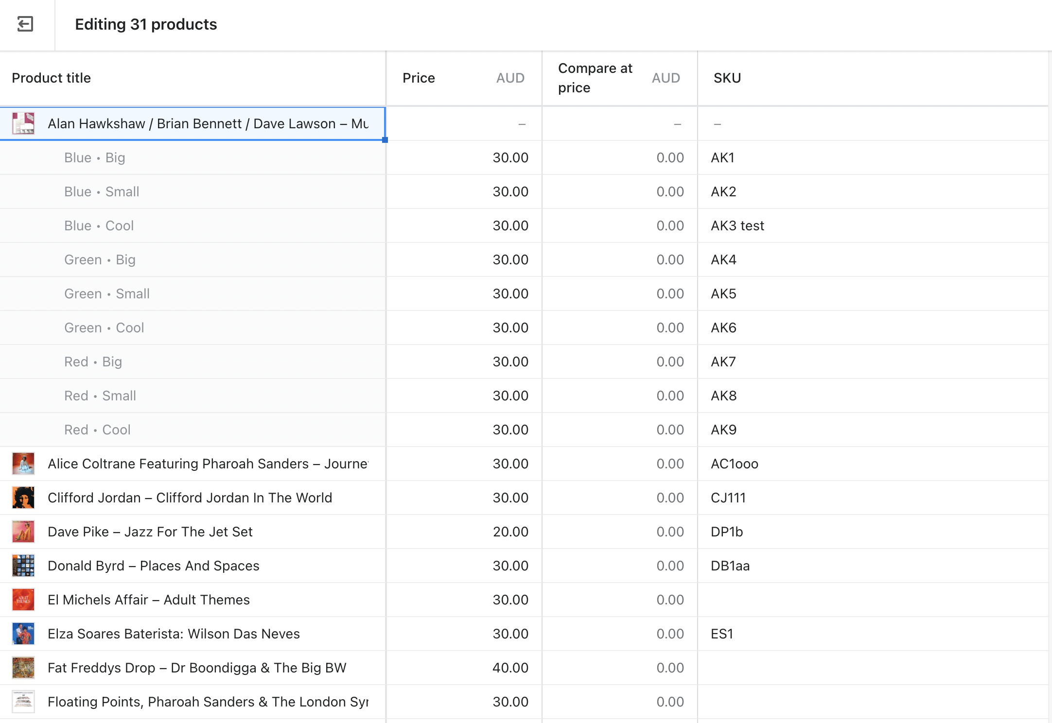 Shopify bulk product editing page