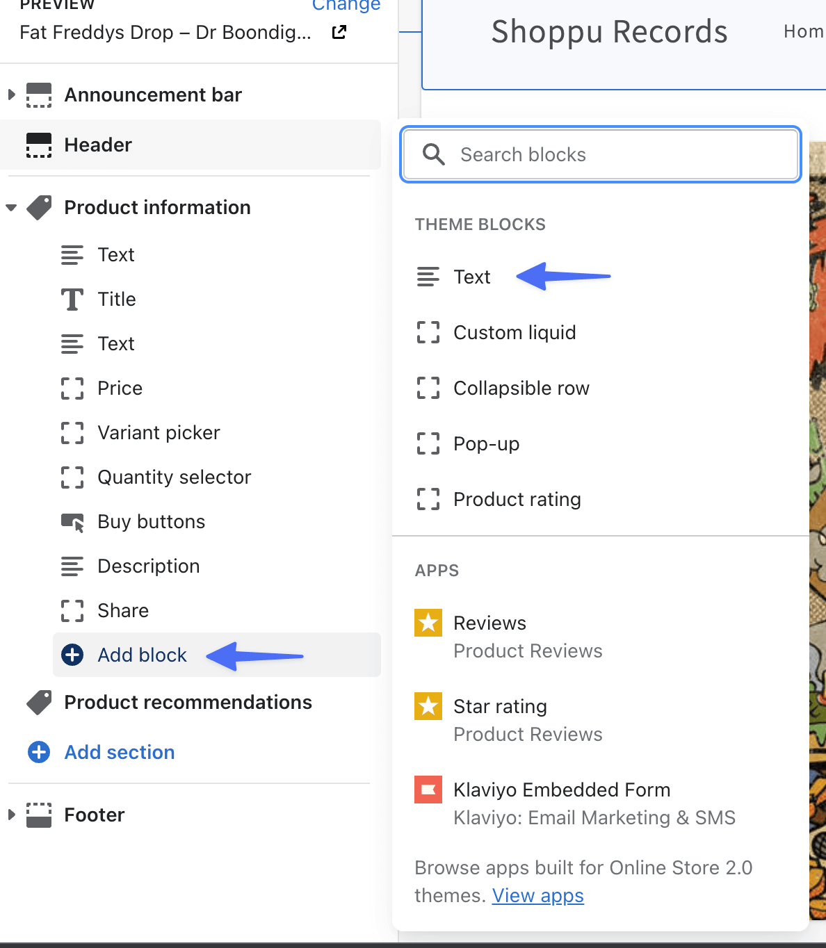 Shopify add new text block