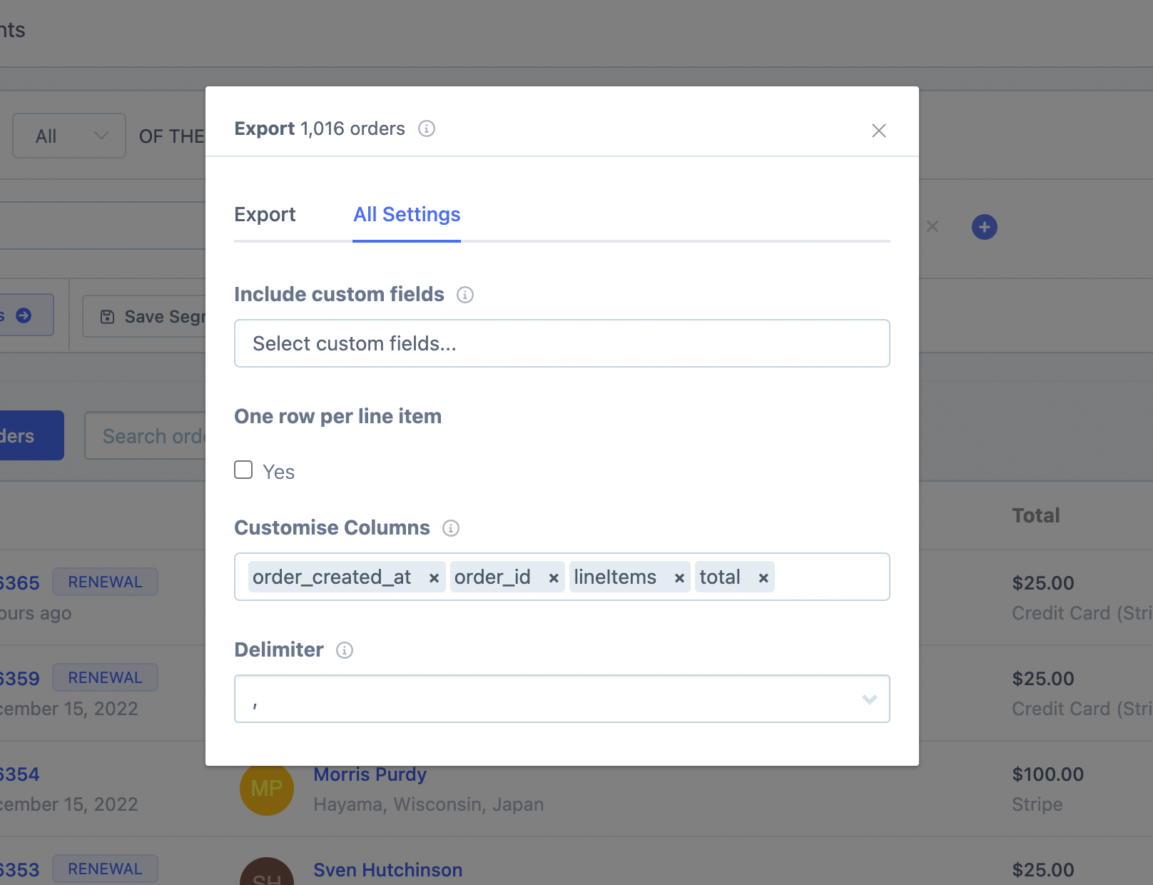 Metorik export settings