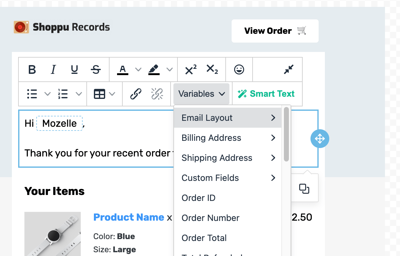 A close up of the editor's variables dropdown, showing a few order variables (like Order ID, number).