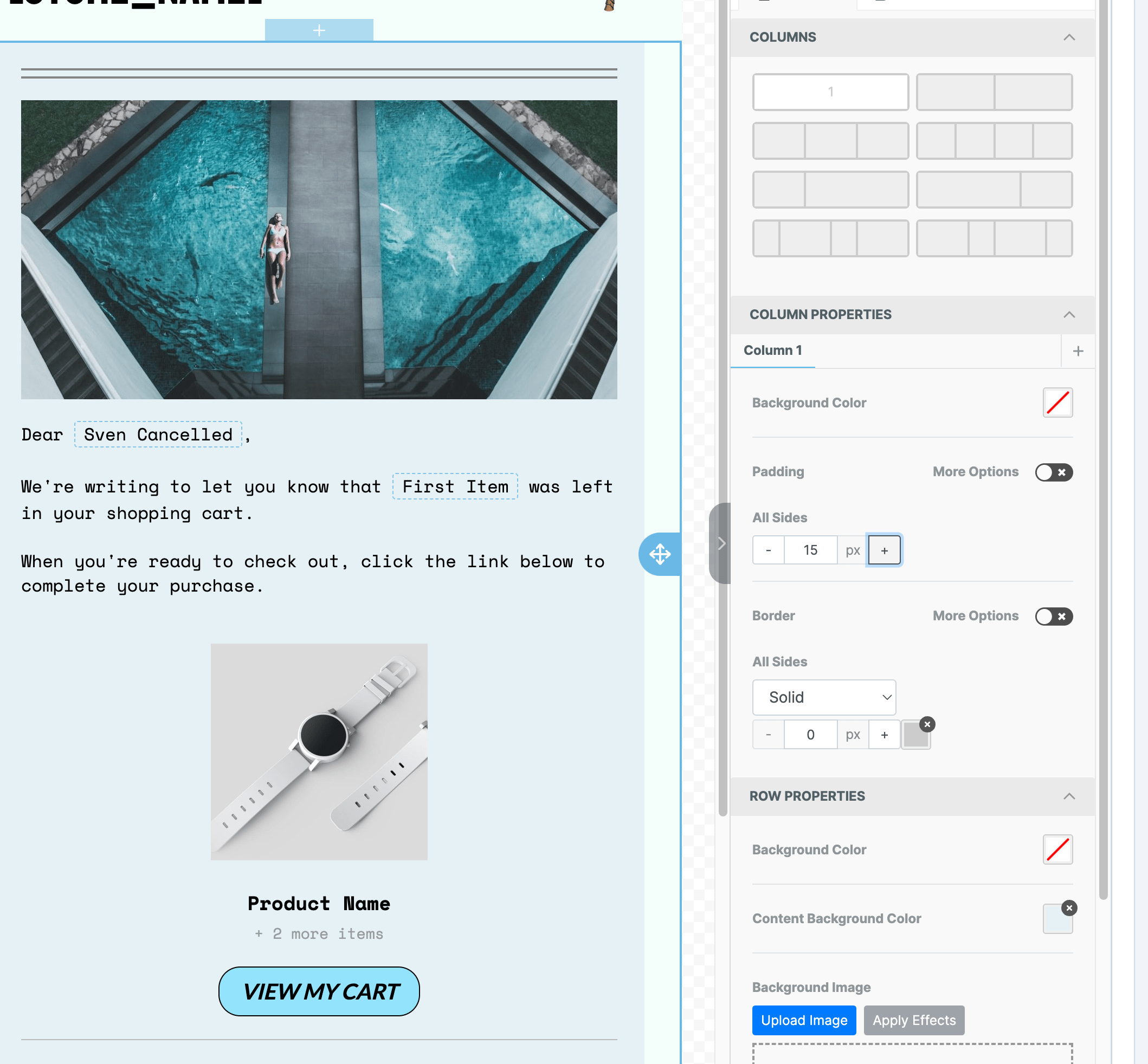 The column and row properties for further designing emails.
