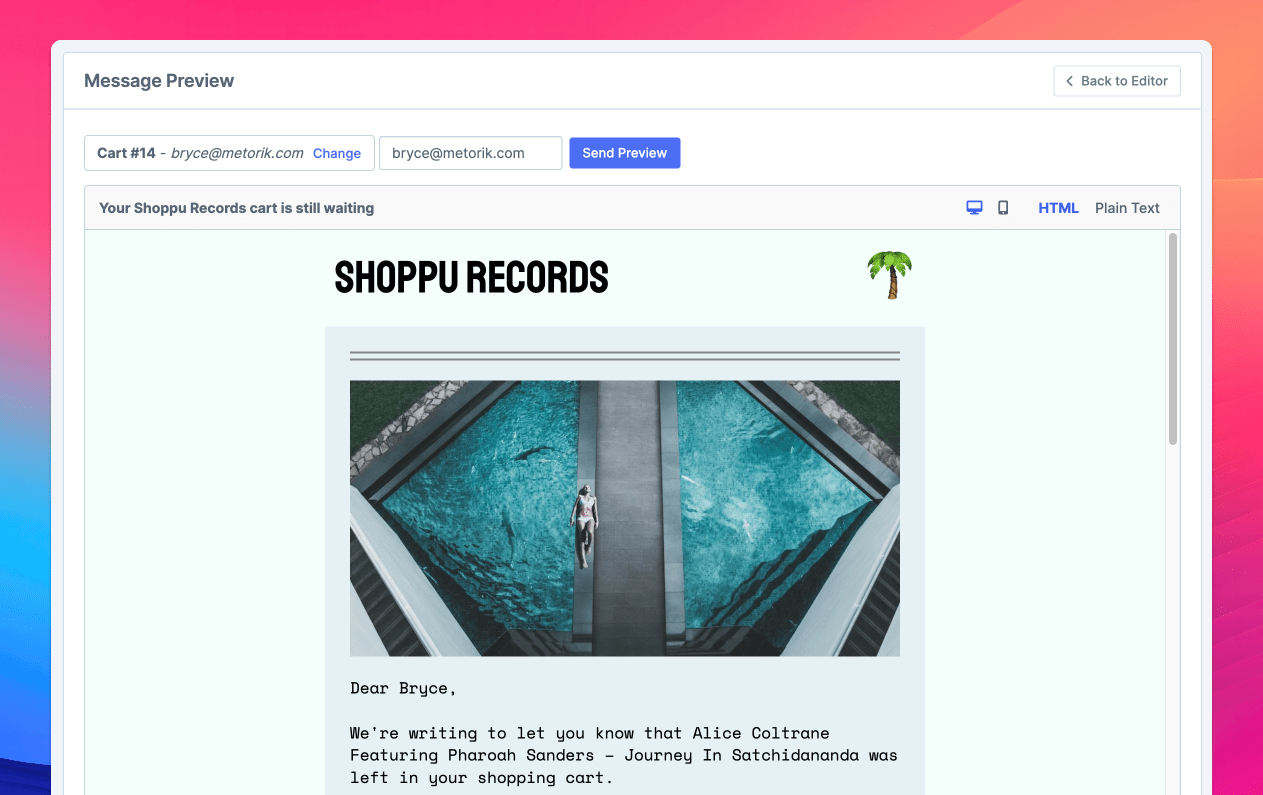 The email builder's message preview and preview sending feature.