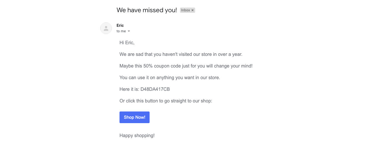 metorik customer email with coupon code