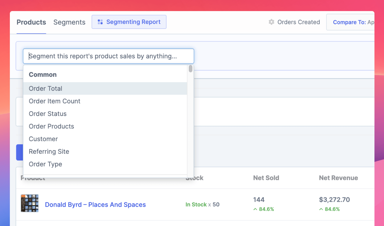 Product report segmenting filter dropdown