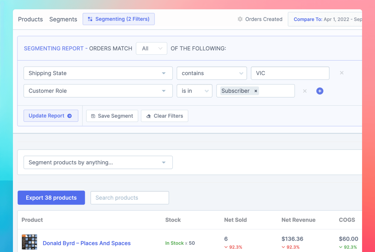 Segmenting with a couple filters applied to the product sales report
