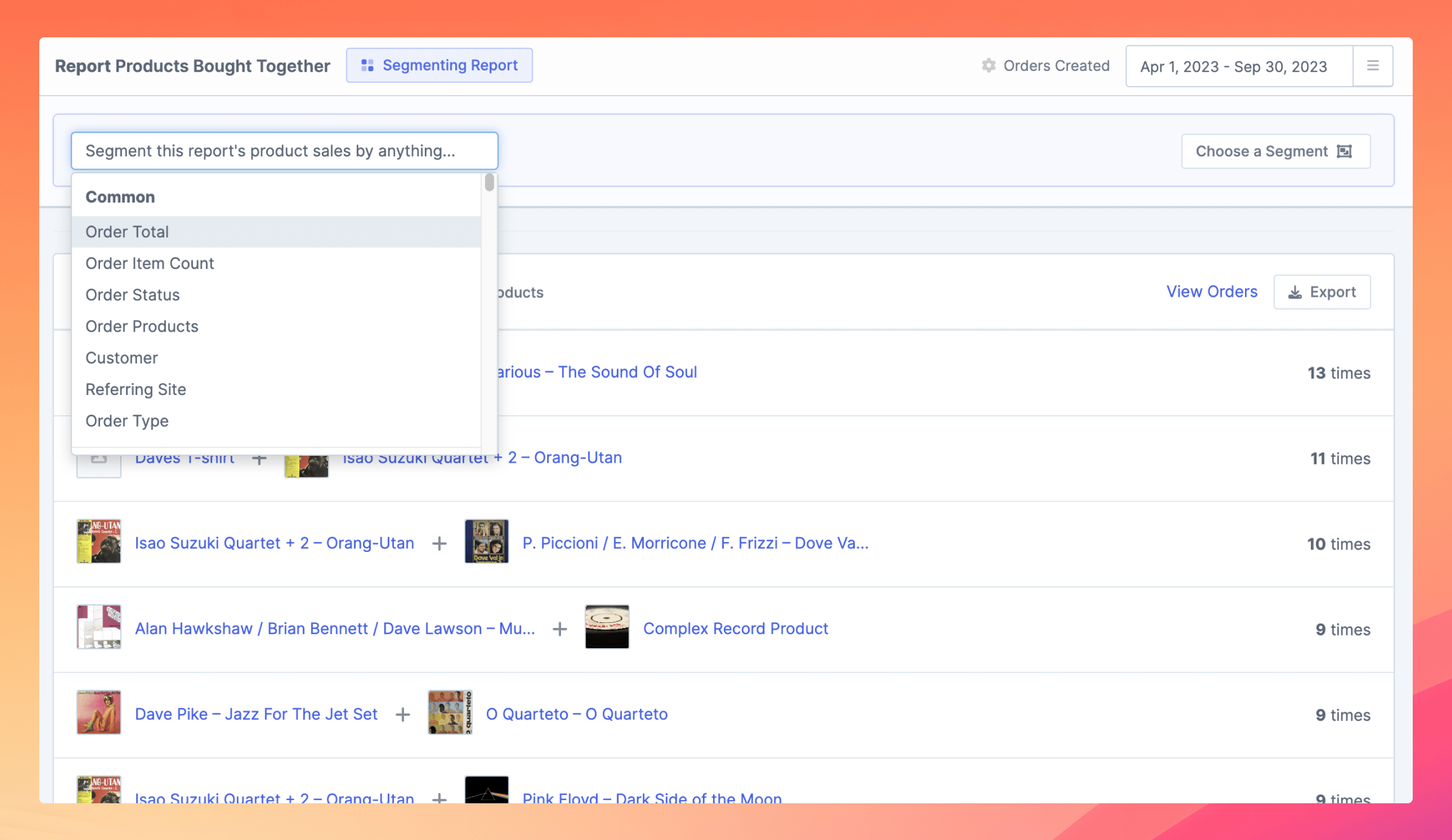 Products bought together report with segmenting