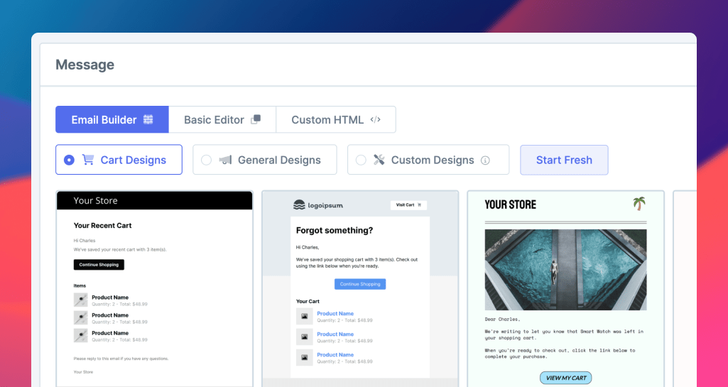 Engage email builder option when writing a message and a select of template designs to choose from.
