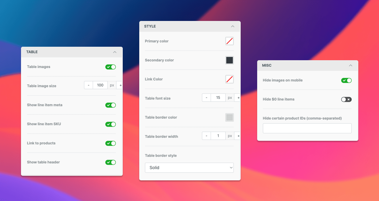 Various settings for the order tool when building an email.