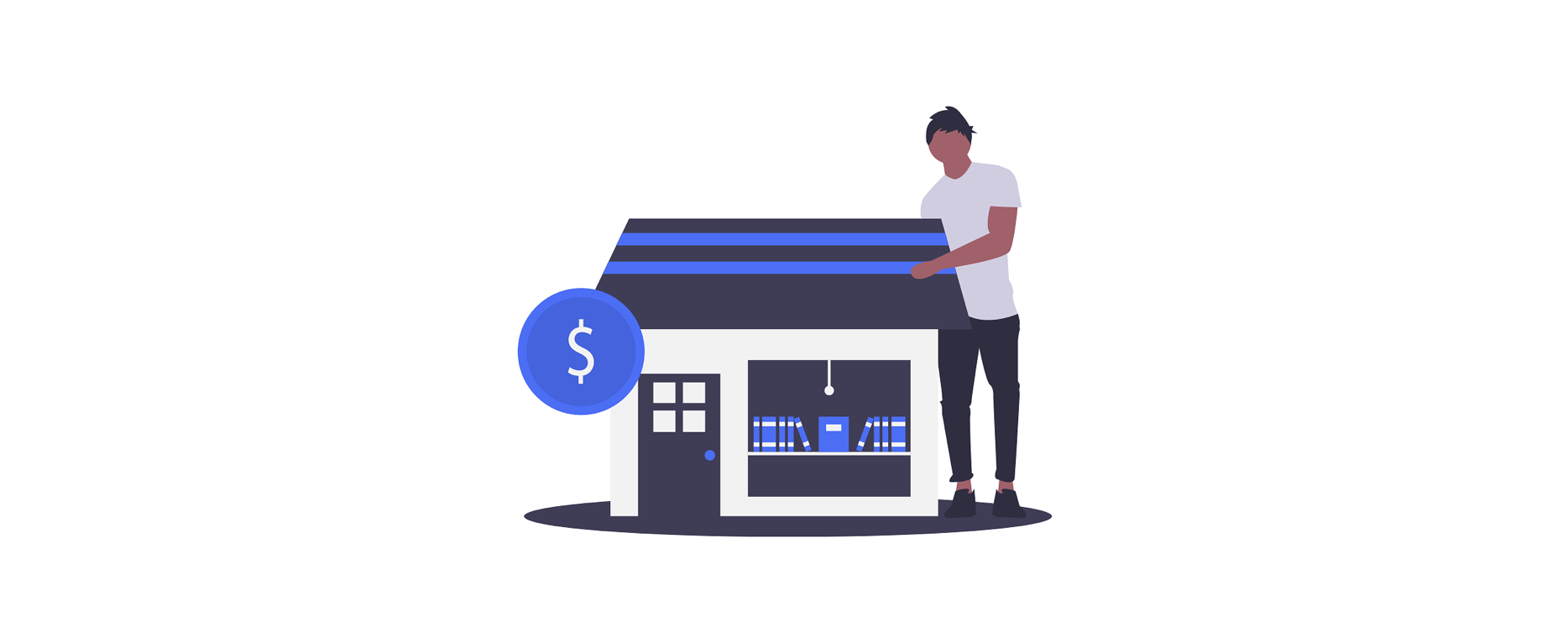 cartoon of giant man with small shop