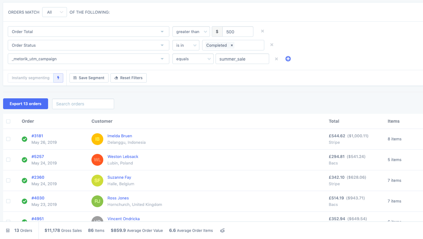 metorik orders segmenting