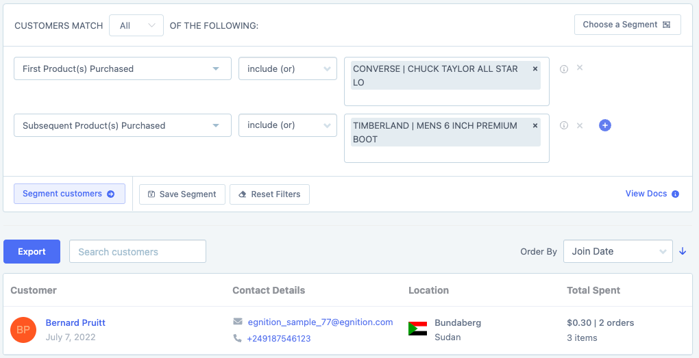 metorik first product purchased filter and subsequent product purchased