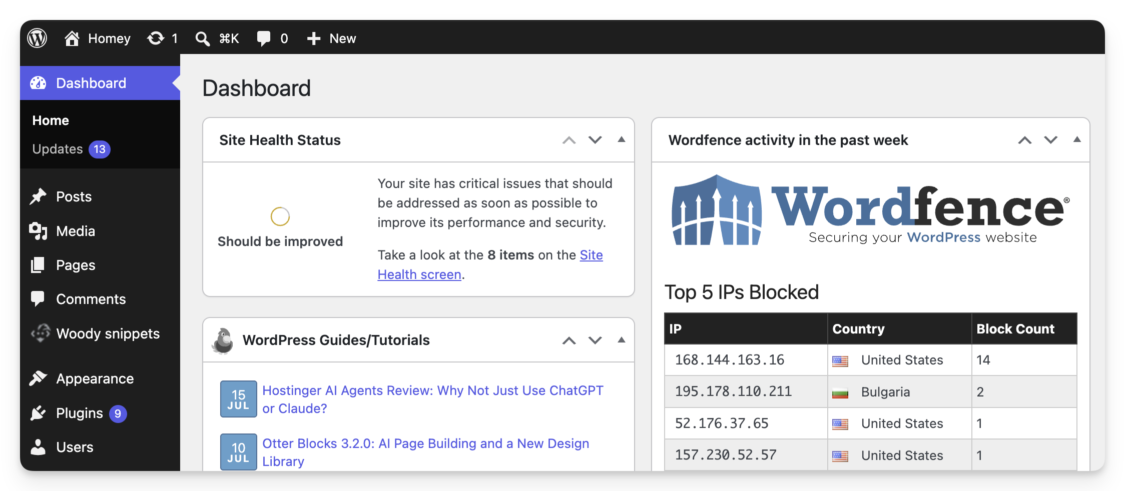 A screenshot of the Wordpress dashboard showing 13 updates required.