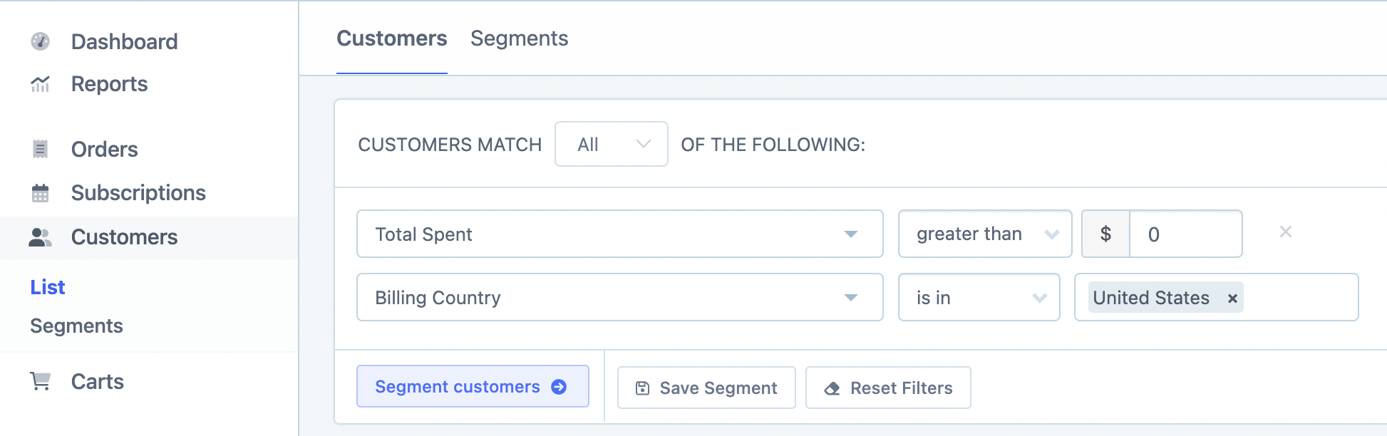 Total spent and billing country filters