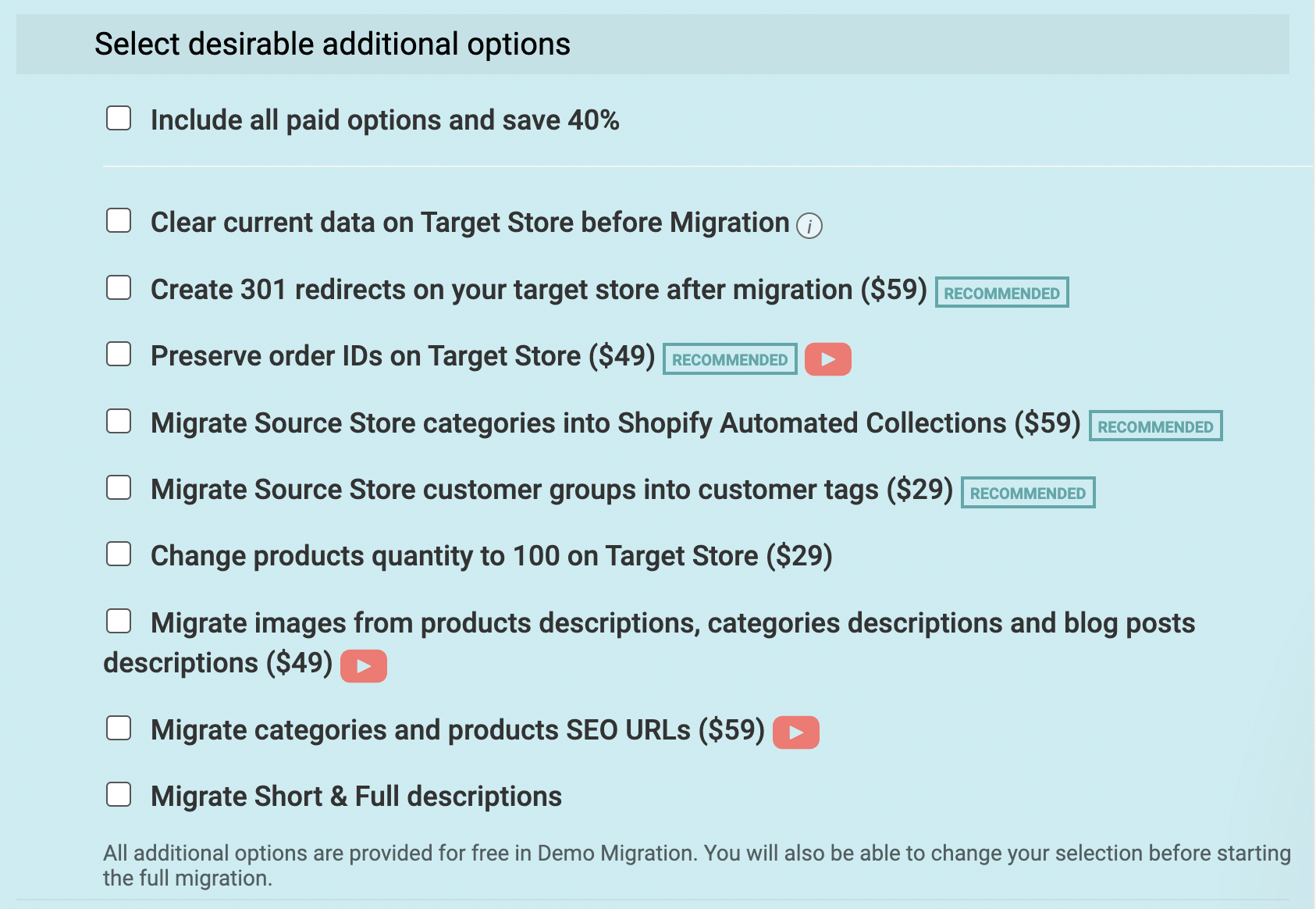 select options for transfer