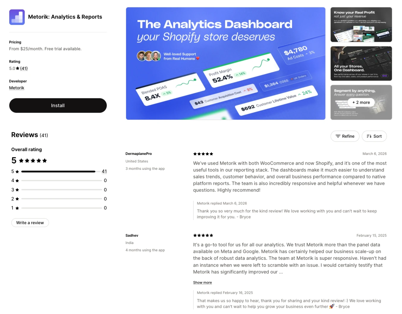 Metorik: Analytics & Reports on the Shopify App Store, rated 5.0 stars from 41 reviews