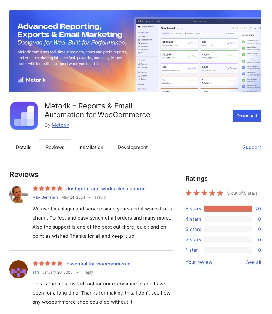 Metorik Reports & Email Automation for WooCommerce on WordPress.org, rated 5 out of 5 stars