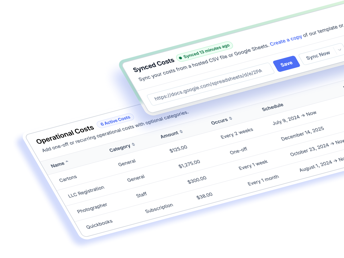 Metorik Operational Costs dashboard listing recurring and one-off business expenses