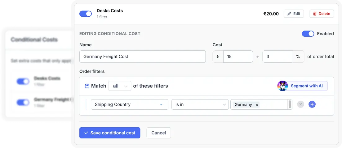 Editing a conditional extra cost in Metorik – a Germany freight cost that applies only to orders shipping to Germany