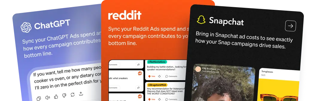 Cards showing the intregrations for ChatGPT, Reddit and Snapchat ad cost syncing into Metorik