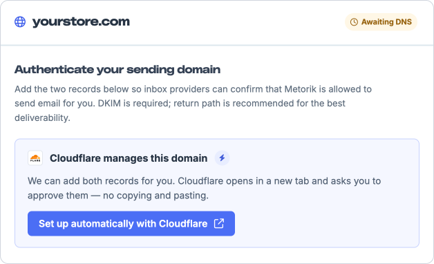 Engage detecting Cloudflare as the DNS provider and offering one-click domain authentication