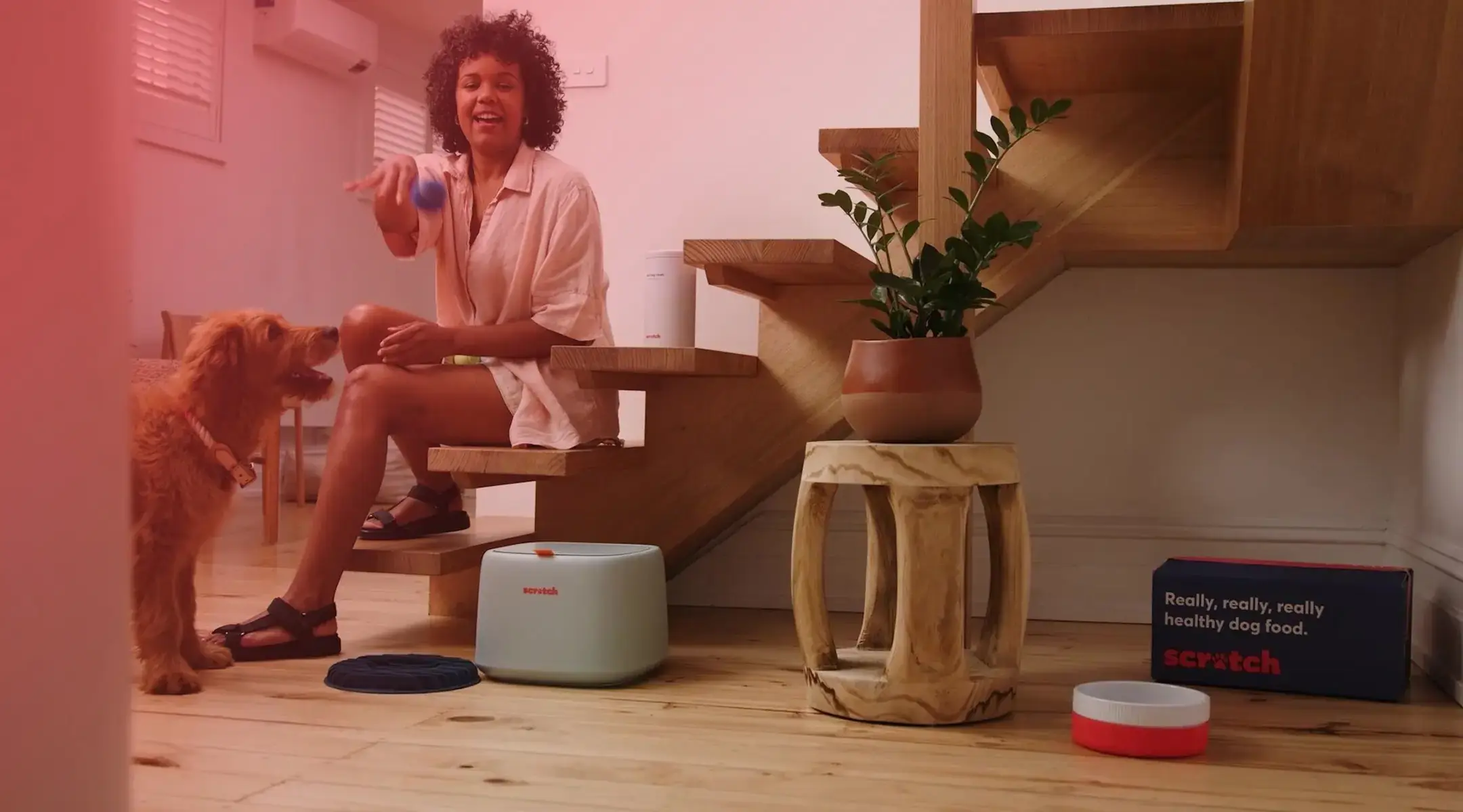A woman sitting on the open timber stairs in her modern apartment throwing a ball to her pet dog with Scratches dry pet food container and box from Scratch sitting in the corner.