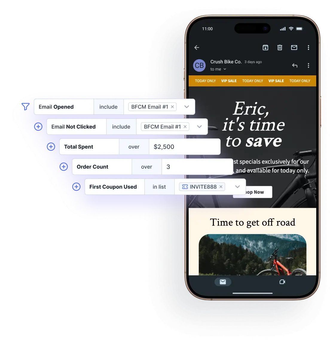 An iPhone with an email sent from Metorik's bulk email marketing tool, Engage, with a screenshot of the easy audience filters.