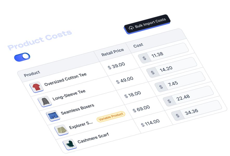 An illustrative isometric screenshot of Metorik's product costs system with a list of products, the retain price, and an input field to set the product cost, with a toggle to sync the product costs from Shopify, and a button to bulk import costs via CSV file.