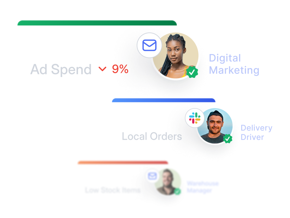 An illustration of small personalized metric cards and the recipient of the different metrics showing the ability in Metorik to create custom automated reports with relevant personalized information for each person on your team.
