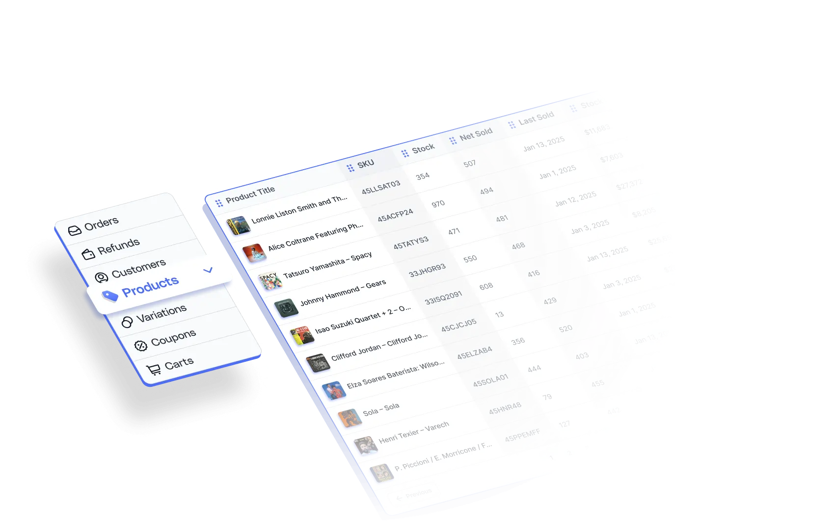 An isometric illustration of exporting Shopify data from Metorik, showing the ability to export orders, refunds, customers, carts, discounts, products, and more.