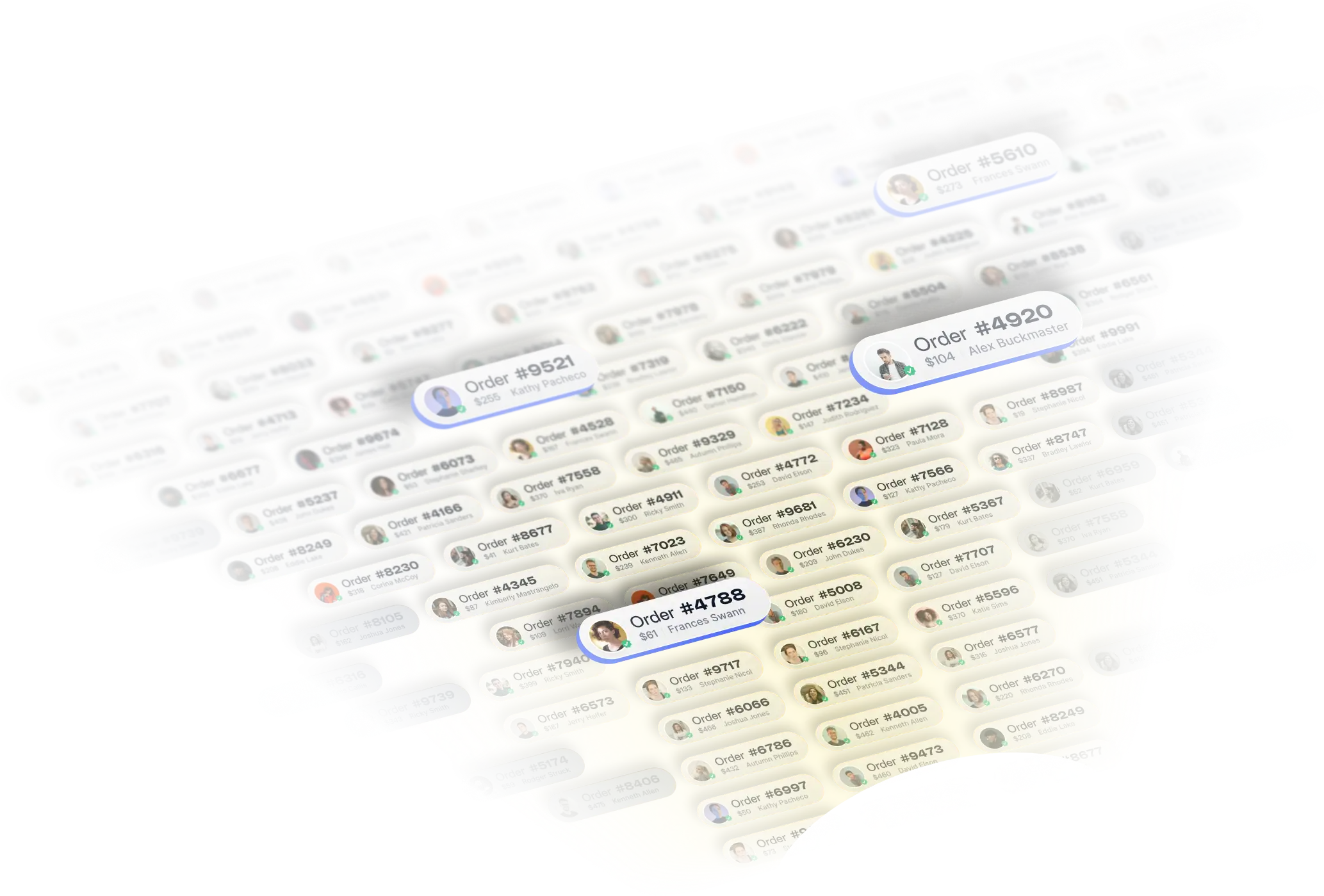 Dozens of Metorik order cards, each with a customer avatar, order number, value and name, funnelling down into a narrower highlighted set: a segment becoming an audience.