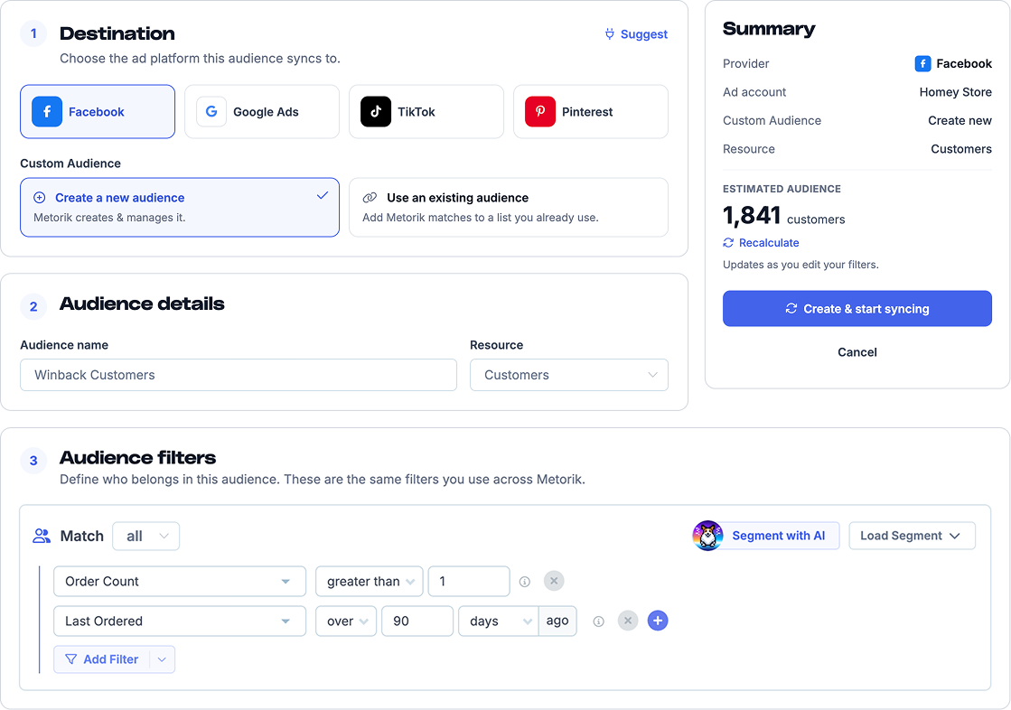 Placeholder: Metorik's new ad audience screen with Facebook, Google Ads, TikTok and Pinterest as destinations and Facebook selected, a new Custom Audience named Winback Customers built from customers, filters for Order Count greater than 1 and Last Ordered over 90 days ago, and a summary showing an estimated audience of 1,841 customers with a Create and start syncing button.