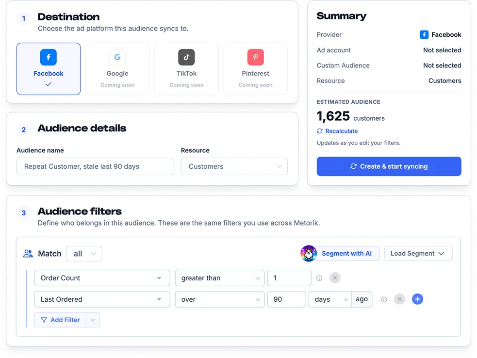 Metorik's new ad audience screen: Facebook chosen as the destination, an audience named Repeat Customer, stale last 90 days, filters for Order Count greater than 1 and Last Ordered over 90 days ago, and a summary showing an estimated audience of 1,625 customers with a Create and start syncing button.