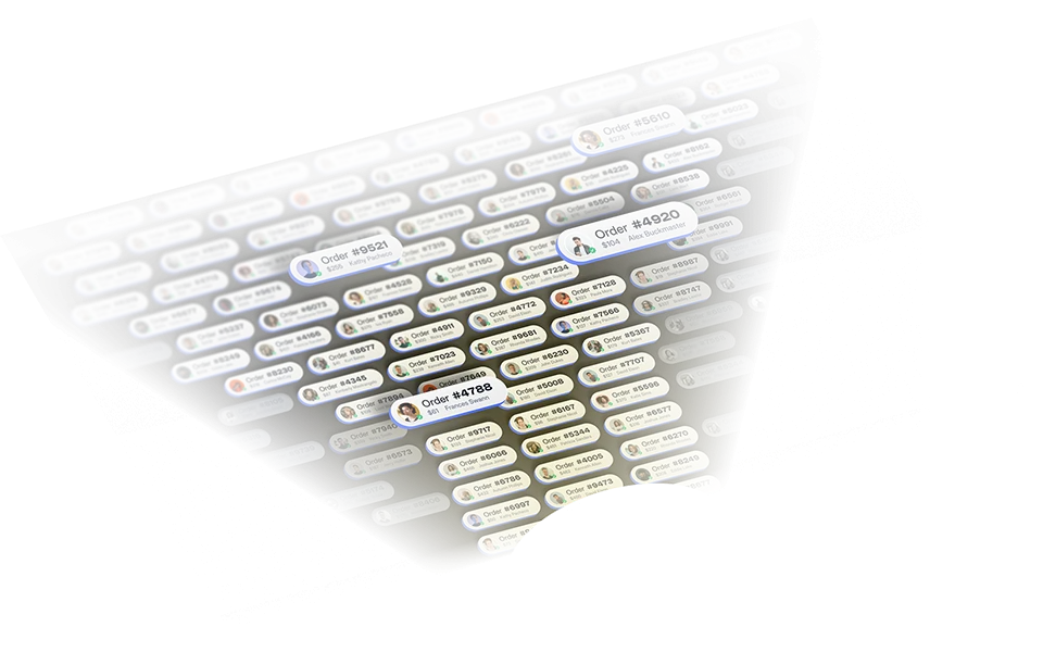 An isometric abstract illustration of customer orders being segmented in Metorik. A yellow flashlight beam shines low across the order cards revealing the shape of a funnel.