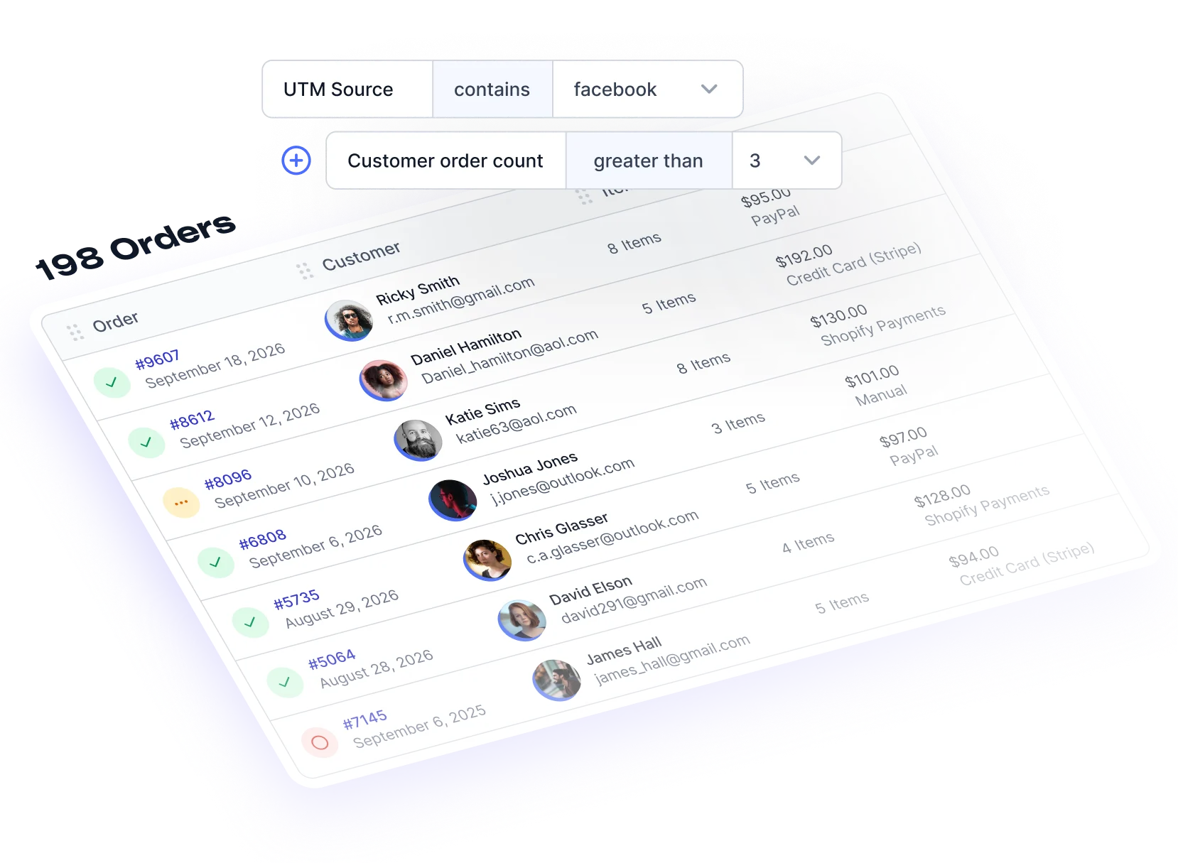 A Metorik order segment filtered by UTM Source contains facebook and customer order count greater than 3, returning 198 orders listed with customer, items, total and payment method, ready to export.