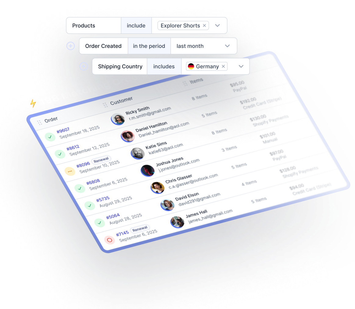 A screenshot showing some of the customer segmenting filters available in Metorik, and the matching order table in an isometric skew in the background.
