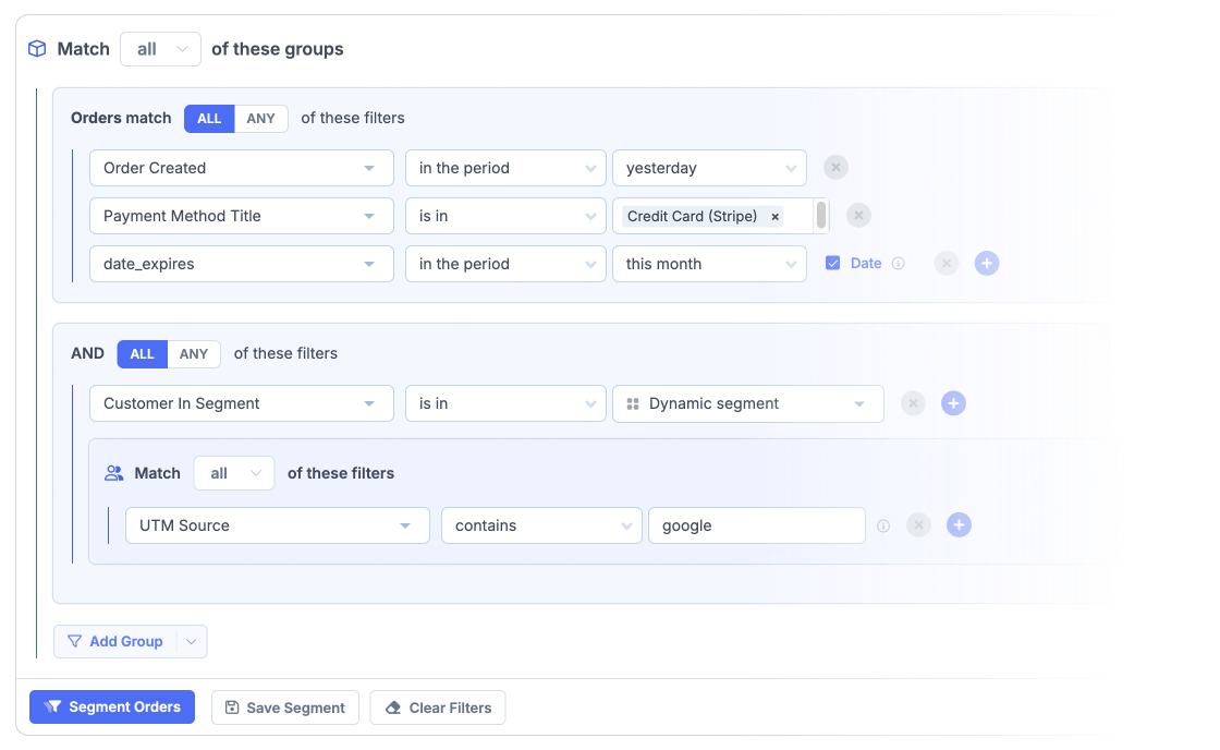 A screenshot of Metorik's eCommerce data segmenting showing the ability to segment multiple data types in one segment.