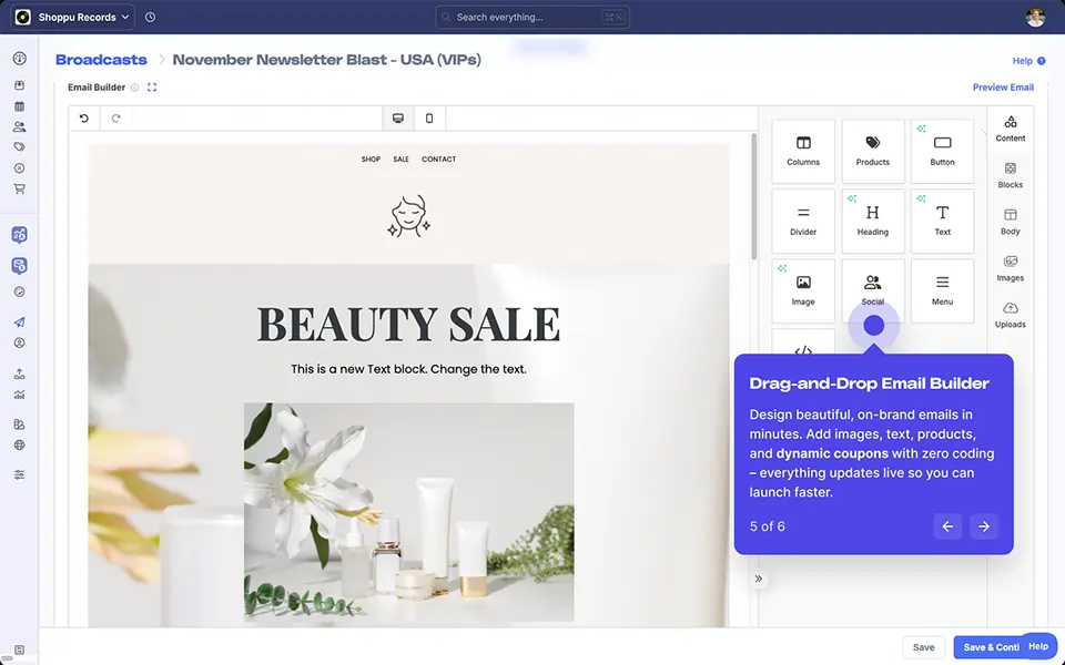 A screenshot from Metorik's simple drag-and-drop email builder that powers the bulk email marketing tool.