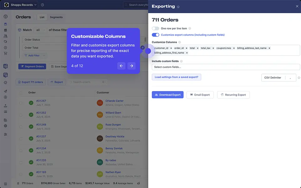 A screenshot from the product demonstration video showing Metorik's simple but powerful data exporting system.